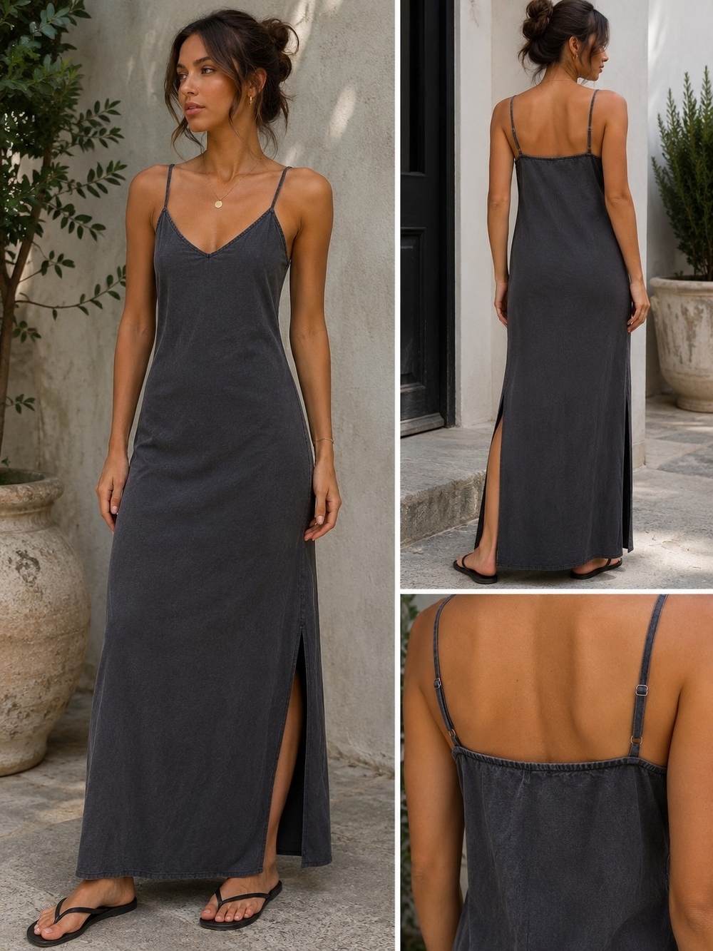 🖤 Charcoal Gray Slip Dress | Adjustable Straps | Side Zip | Side Slit